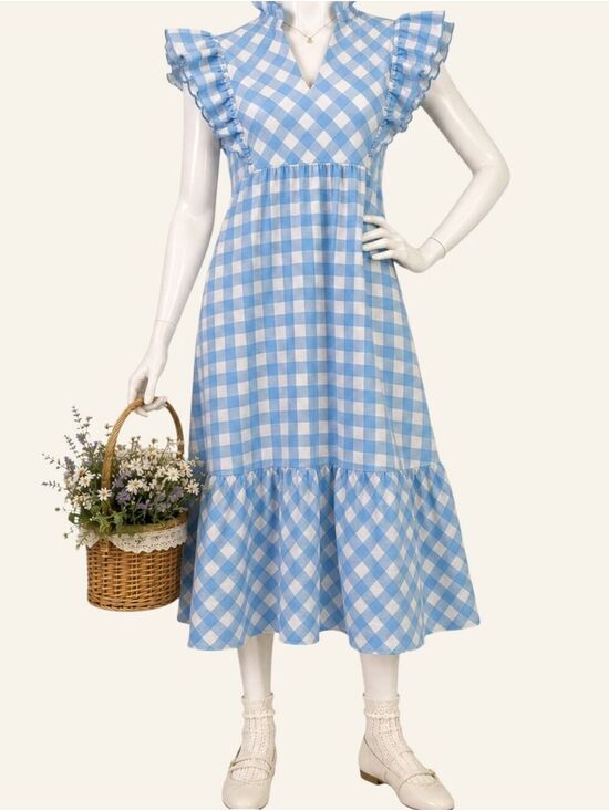 Umgee Dresses & Skirts - Umgee Blue Gingham Ruffle Midi Dress Small Cottagecore Prairie Pockets NWT